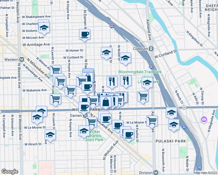 map of restaurants, bars, coffee shops, grocery stores, and more near in Chicago
