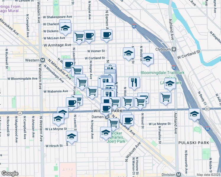 map of restaurants, bars, coffee shops, grocery stores, and more near 1720 North Winchester Avenue in Chicago