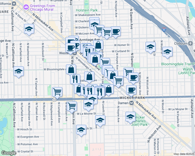 map of restaurants, bars, coffee shops, grocery stores, and more near 1736 North Winnebago Avenue in Chicago