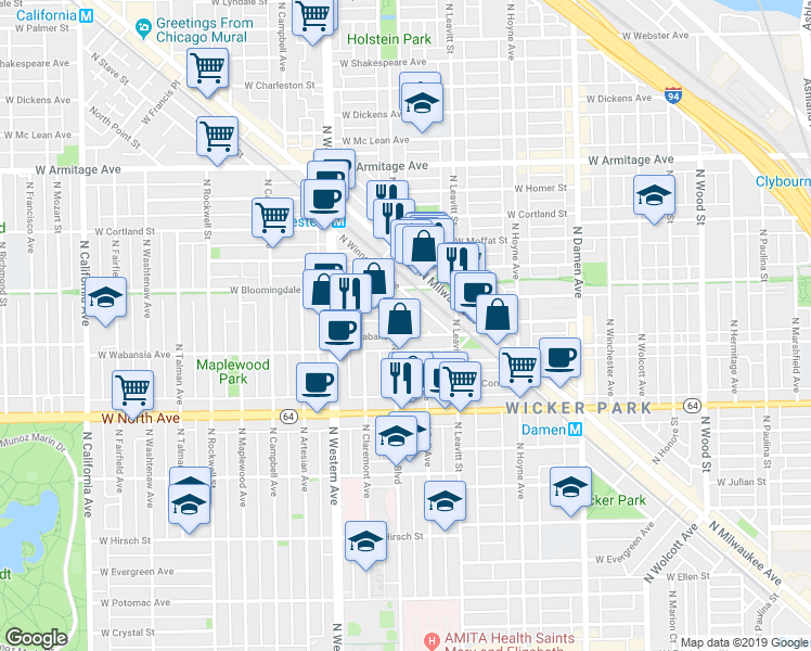 map of restaurants, bars, coffee shops, grocery stores, and more near 1736 North Winnebago Avenue in Chicago
