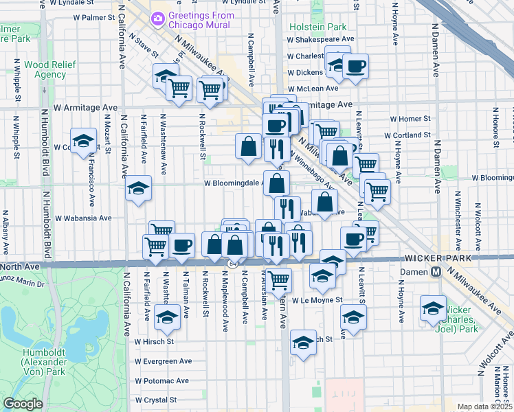 map of restaurants, bars, coffee shops, grocery stores, and more near 1729 North Artesian Avenue in Chicago