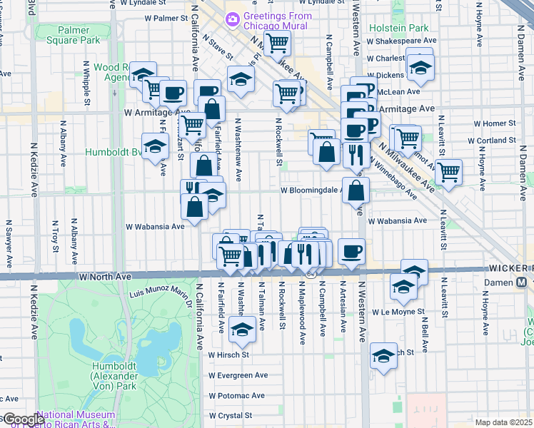 map of restaurants, bars, coffee shops, grocery stores, and more near 1731 North Talman Avenue in Chicago