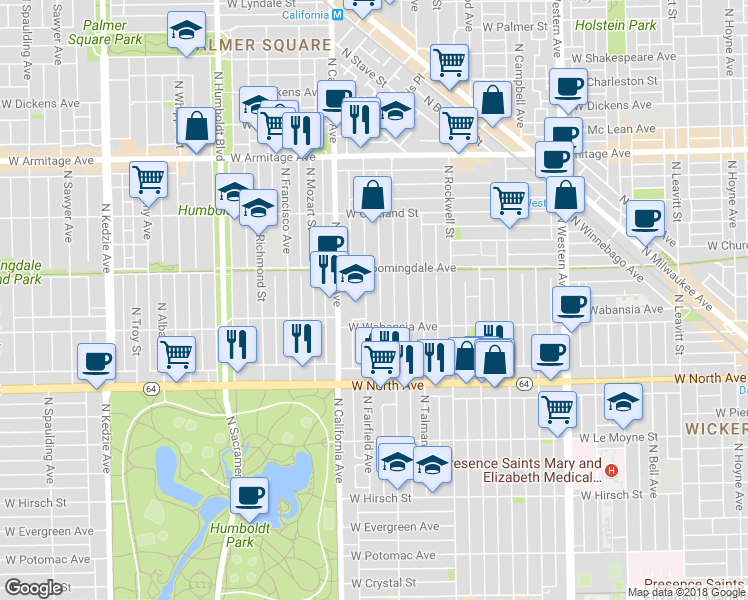 map of restaurants, bars, coffee shops, grocery stores, and more near 10 North Fairfield Avenue in Chicago