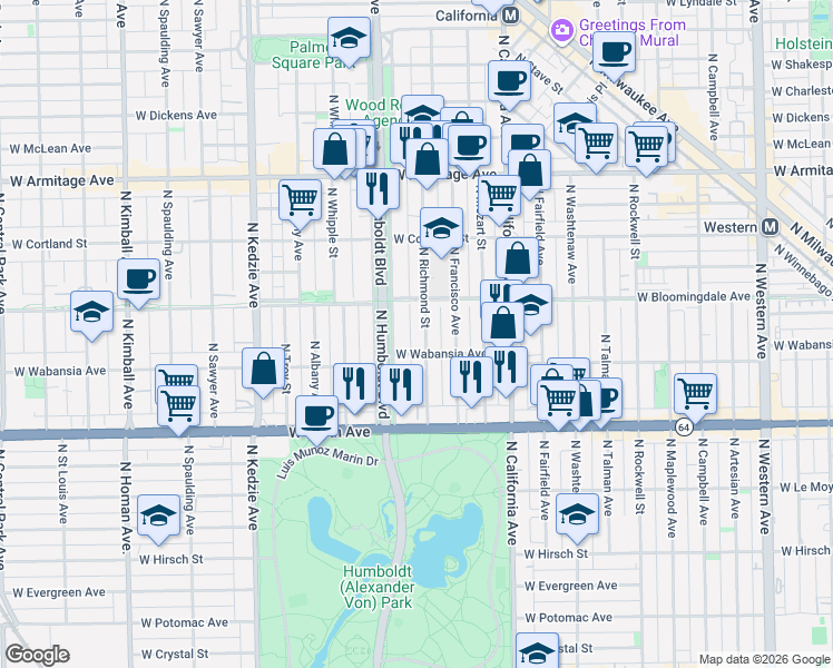 map of restaurants, bars, coffee shops, grocery stores, and more near in Chicago