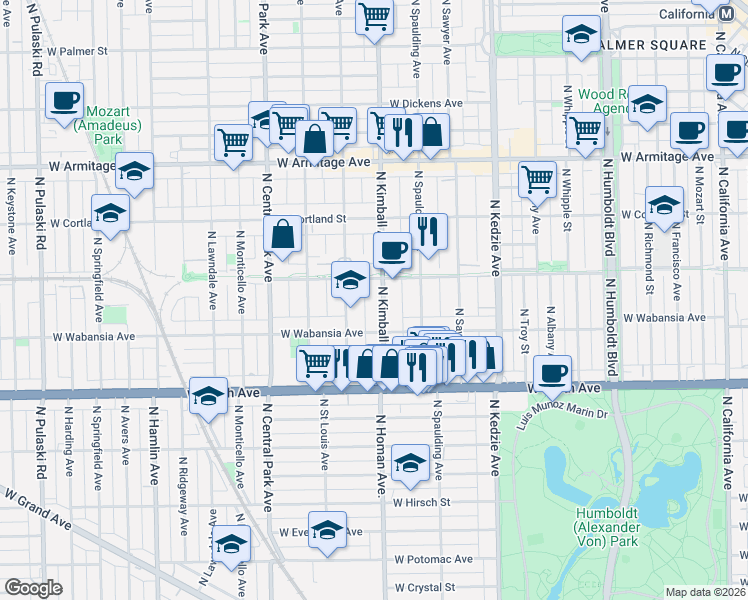 map of restaurants, bars, coffee shops, grocery stores, and more near 1722 North Kimball Avenue in Chicago