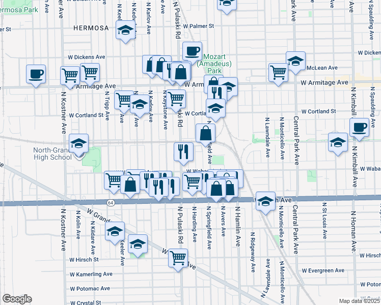 map of restaurants, bars, coffee shops, grocery stores, and more near 1741 North Pulaski Road in Chicago