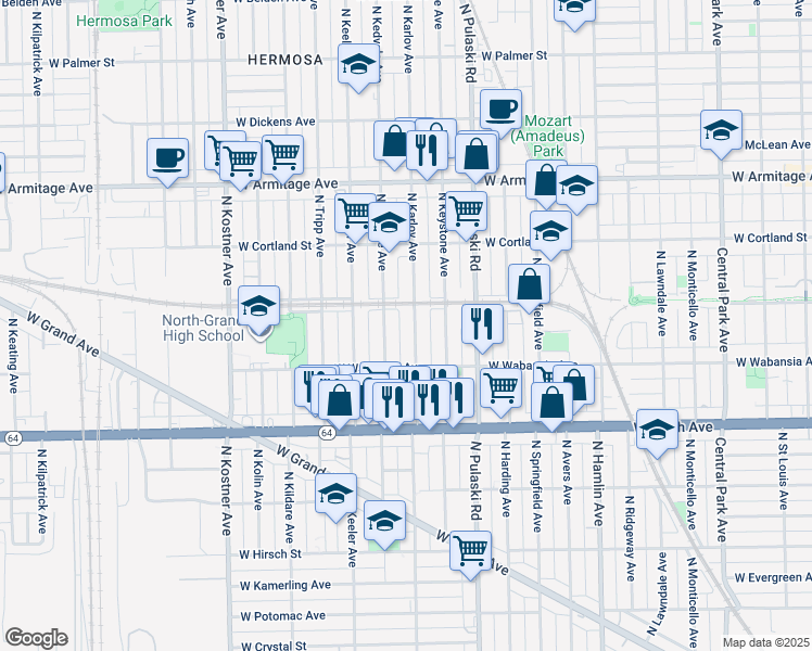 map of restaurants, bars, coffee shops, grocery stores, and more near 1740 North Karlov Avenue in Chicago