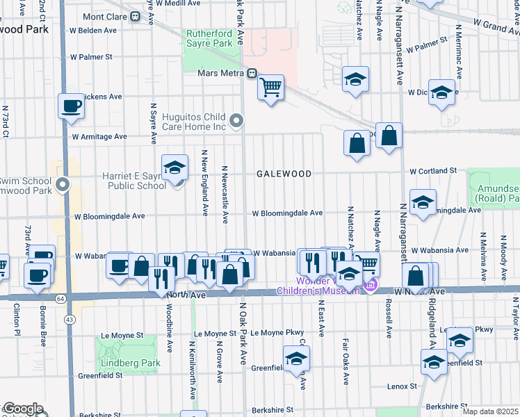 map of restaurants, bars, coffee shops, grocery stores, and more near 1807 North Rutherford Avenue in Chicago