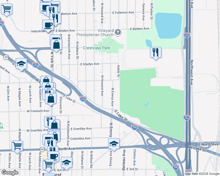 map of restaurants, bars, coffee shops, grocery stores, and more near 512 North Emroy Avenue in Elmhurst