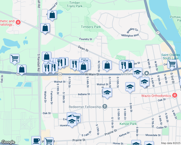 map of restaurants, bars, coffee shops, grocery stores, and more near 1320 West Main Street in St. Charles