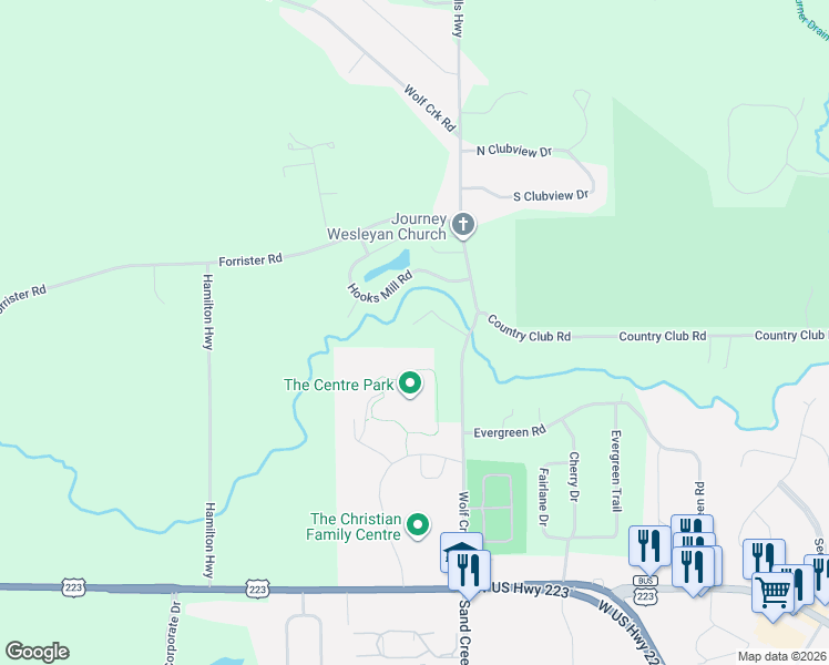 map of restaurants, bars, coffee shops, grocery stores, and more near 4515 Southgate Court in Adrian