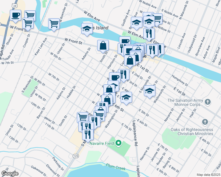 map of restaurants, bars, coffee shops, grocery stores, and more near 60 West 5th Street in Monroe