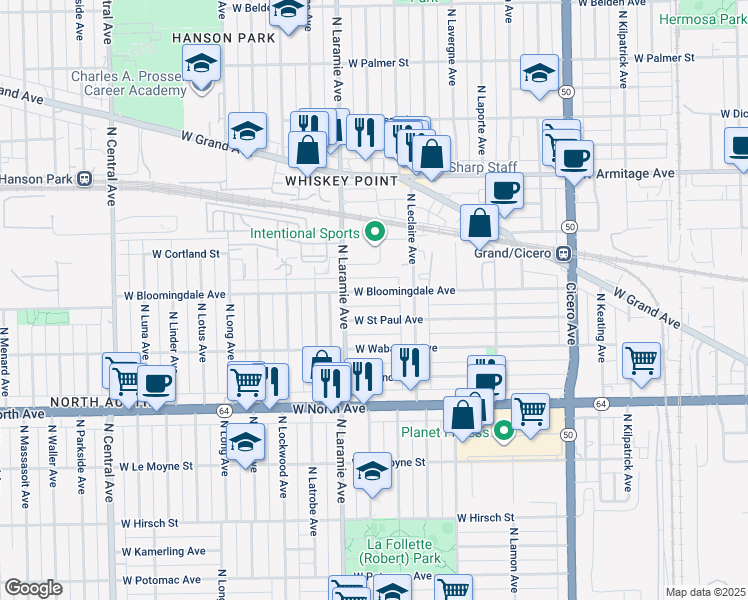 map of restaurants, bars, coffee shops, grocery stores, and more near 5143 W Bloomingdale Ave in Chicago