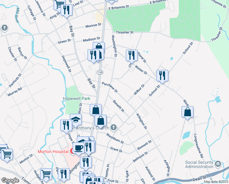 map of restaurants, bars, coffee shops, grocery stores, and more near 40 Purchase Street in Taunton