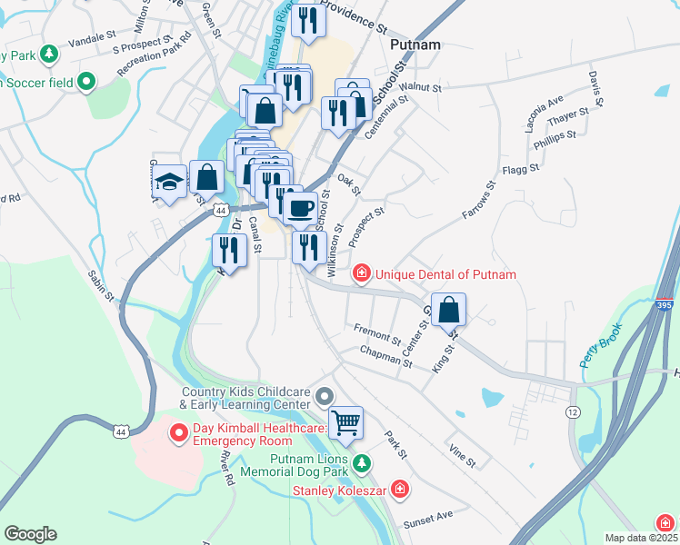 map of restaurants, bars, coffee shops, grocery stores, and more near 5 Bellevue Street in Putnam