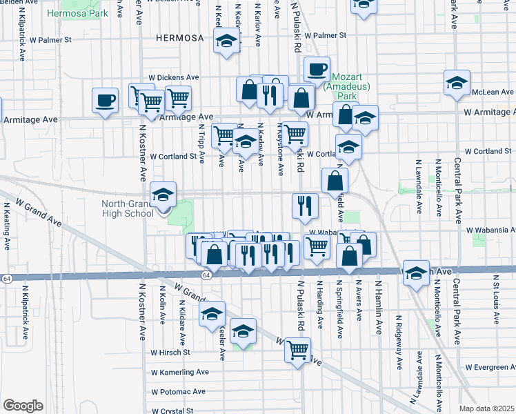 map of restaurants, bars, coffee shops, grocery stores, and more near 1740 North Karlov Avenue in Chicago