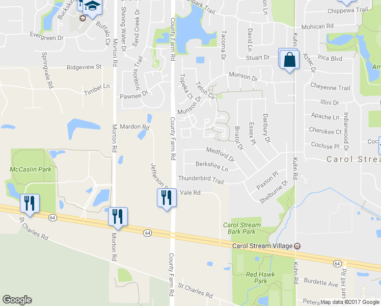 map of restaurants, bars, coffee shops, grocery stores, and more near 822 Medford Drive in Carol Stream