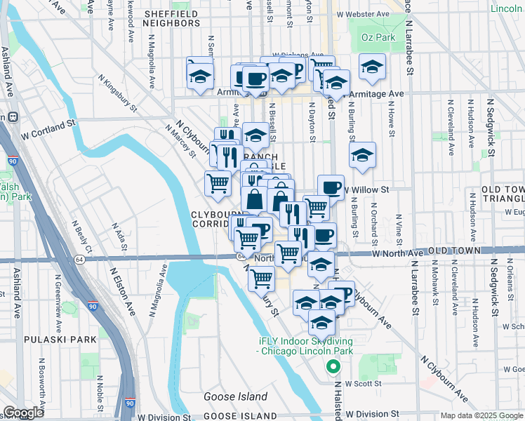 map of restaurants, bars, coffee shops, grocery stores, and more near 1758 North Clybourn Avenue in Chicago