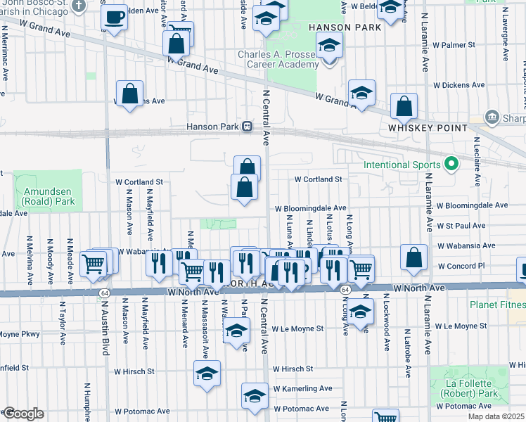 map of restaurants, bars, coffee shops, grocery stores, and more near 1800 North Central Avenue in Chicago