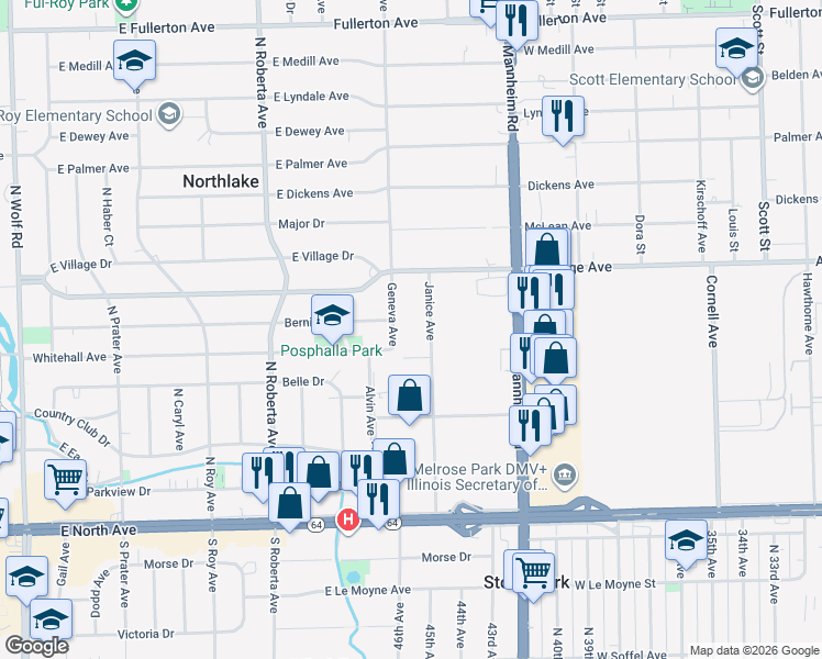 map of restaurants, bars, coffee shops, grocery stores, and more near 2040 Janice Avenue in Melrose Park