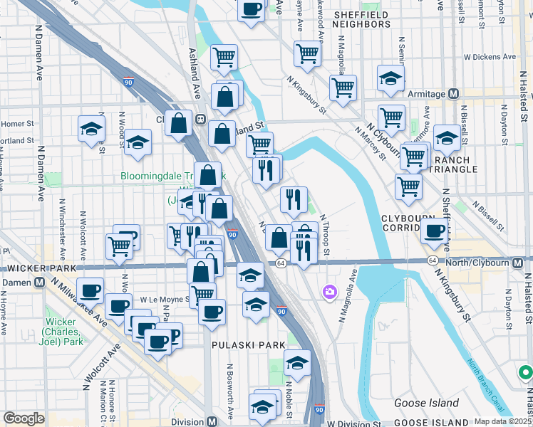 map of restaurants, bars, coffee shops, grocery stores, and more near 1700 North Elston Avenue in Chicago