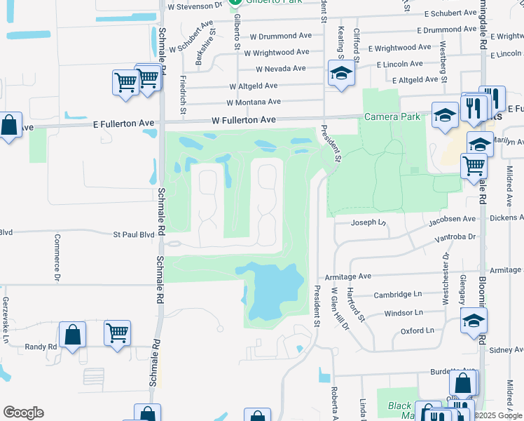 map of restaurants, bars, coffee shops, grocery stores, and more near 1450 Golfview Drive in Glendale Heights