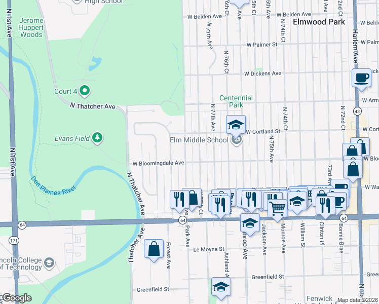 map of restaurants, bars, coffee shops, grocery stores, and more near 1821 North 78th Avenue in Chicago