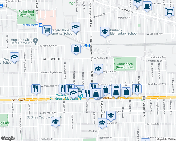 map of restaurants, bars, coffee shops, grocery stores, and more near 6414 West Bloomingdale Avenue in Chicago