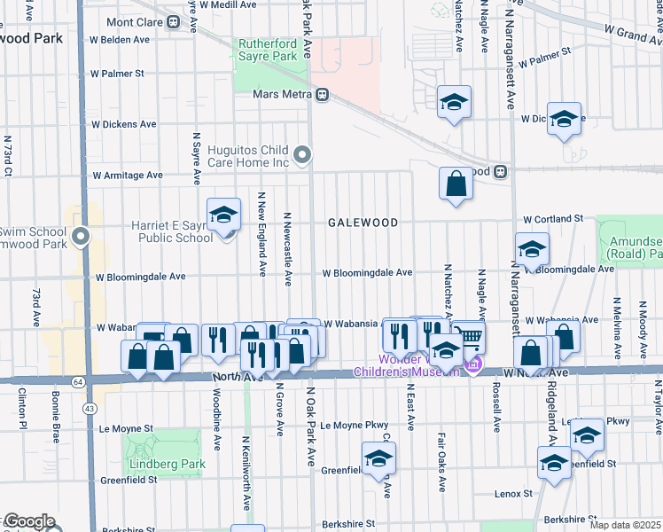 map of restaurants, bars, coffee shops, grocery stores, and more near 1807 North Rutherford Avenue in Chicago