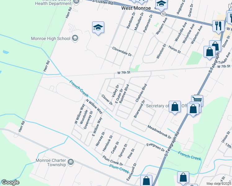 map of restaurants, bars, coffee shops, grocery stores, and more near 1219 Valley Drive in Monroe