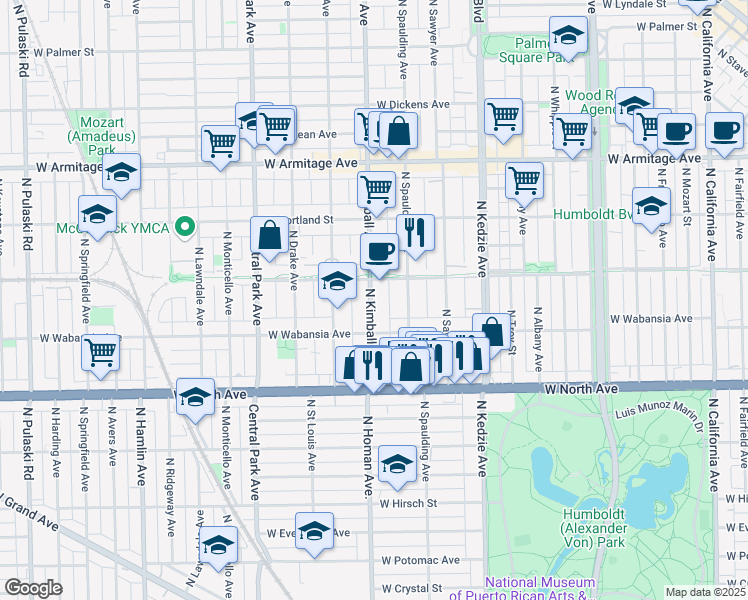 map of restaurants, bars, coffee shops, grocery stores, and more near 1735 North Kimball Avenue in Chicago
