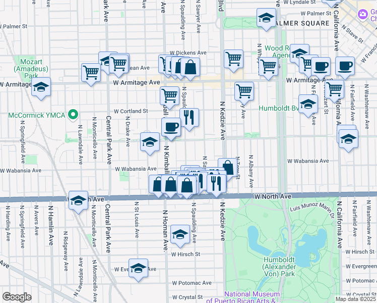 map of restaurants, bars, coffee shops, grocery stores, and more near 1735 North Spaulding Avenue in Chicago