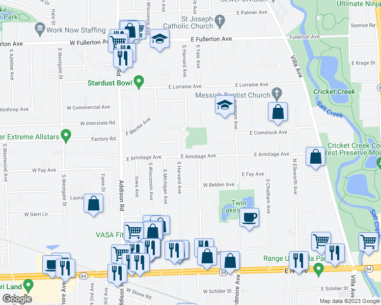 map of restaurants, bars, coffee shops, grocery stores, and more near 220 East Armitage Avenue in Addison