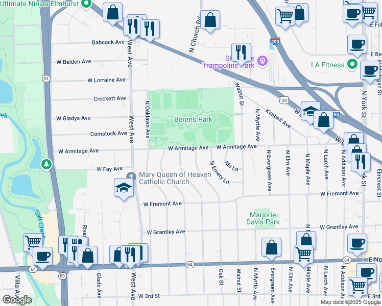 map of restaurants, bars, coffee shops, grocery stores, and more near 474 Oak Street in Elmhurst