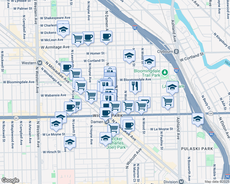 map of restaurants, bars, coffee shops, grocery stores, and more near 1720 North Winchester Avenue in Chicago