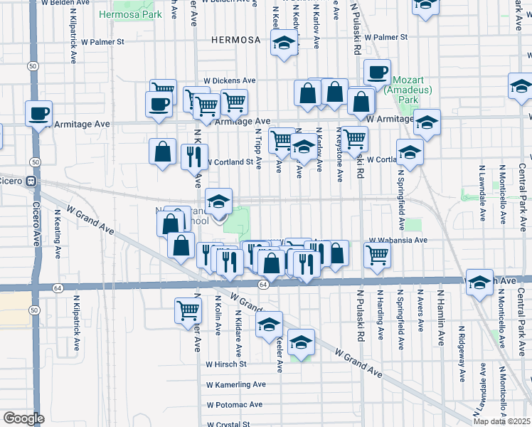 map of restaurants, bars, coffee shops, grocery stores, and more near 1745 N Tripp Ave in Chicago