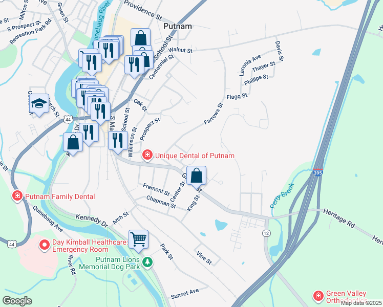 map of restaurants, bars, coffee shops, grocery stores, and more near 36 Florence Street in Putnam