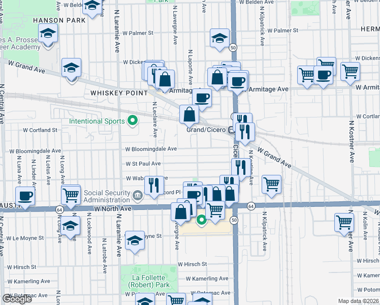 map of restaurants, bars, coffee shops, grocery stores, and more near 4919 West Bloomingdale Avenue in Chicago