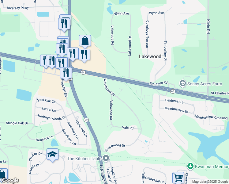 map of restaurants, bars, coffee shops, grocery stores, and more near 2N705 Woodcrest Drive in West Chicago