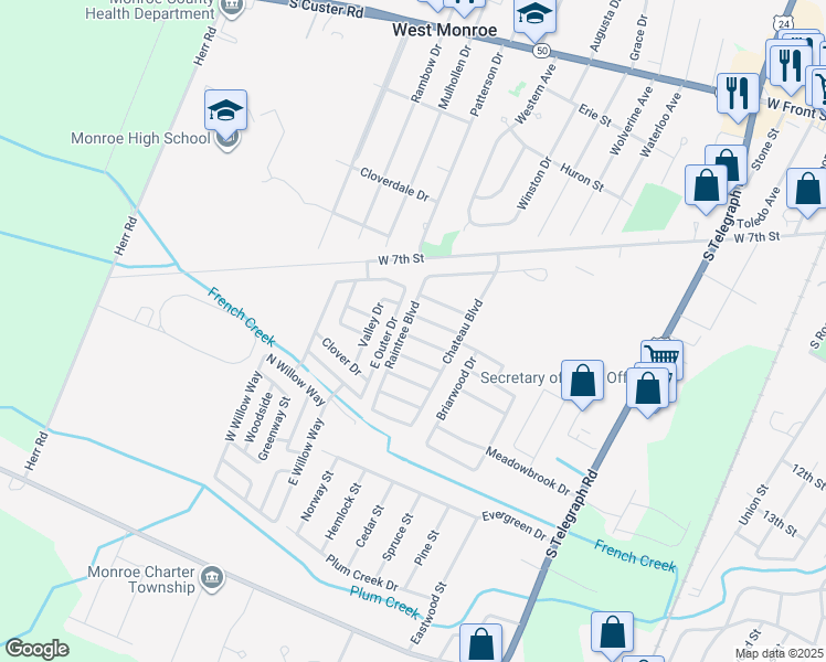 map of restaurants, bars, coffee shops, grocery stores, and more near 1864 Carmel Drive in Monroe
