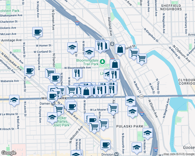 map of restaurants, bars, coffee shops, grocery stores, and more near 1716 North Paulina Street in Chicago