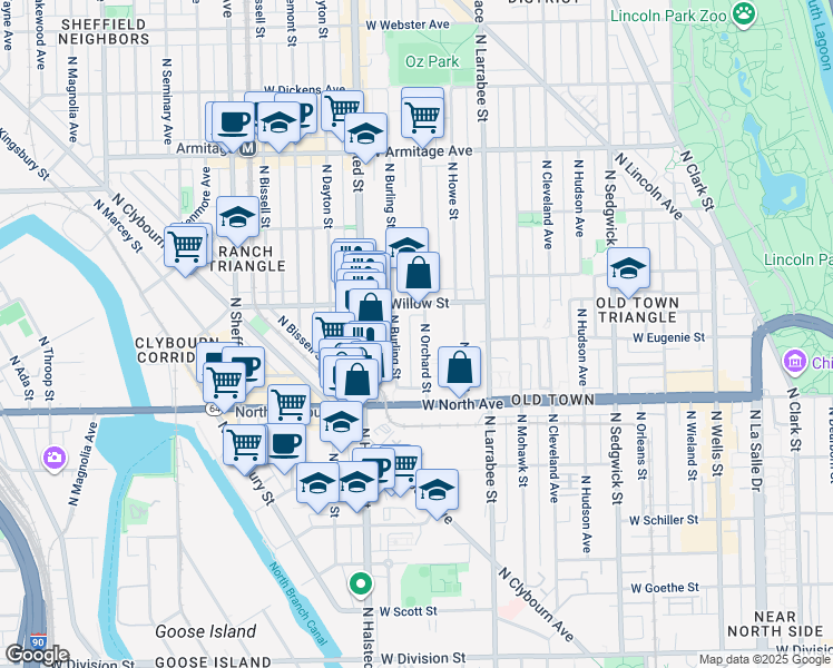 map of restaurants, bars, coffee shops, grocery stores, and more near 1704 North Orchard Street in Chicago