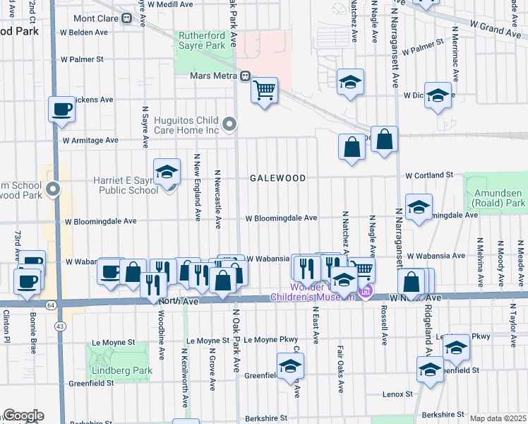 map of restaurants, bars, coffee shops, grocery stores, and more near 1807 N Rutherford Ave in Chicago