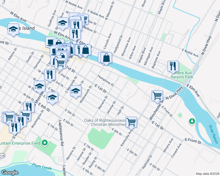 map of restaurants, bars, coffee shops, grocery stores, and more near 68 Navarre Street in Monroe