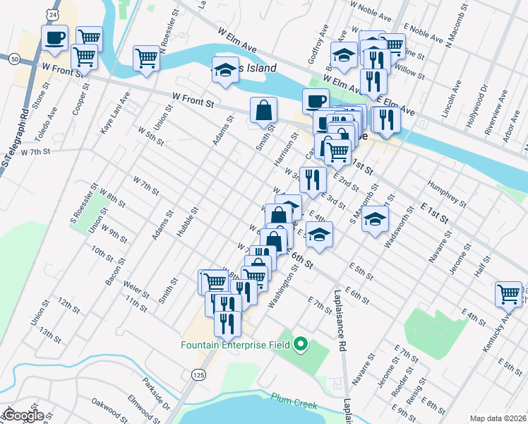 map of restaurants, bars, coffee shops, grocery stores, and more near 109 West 5th Street in Monroe