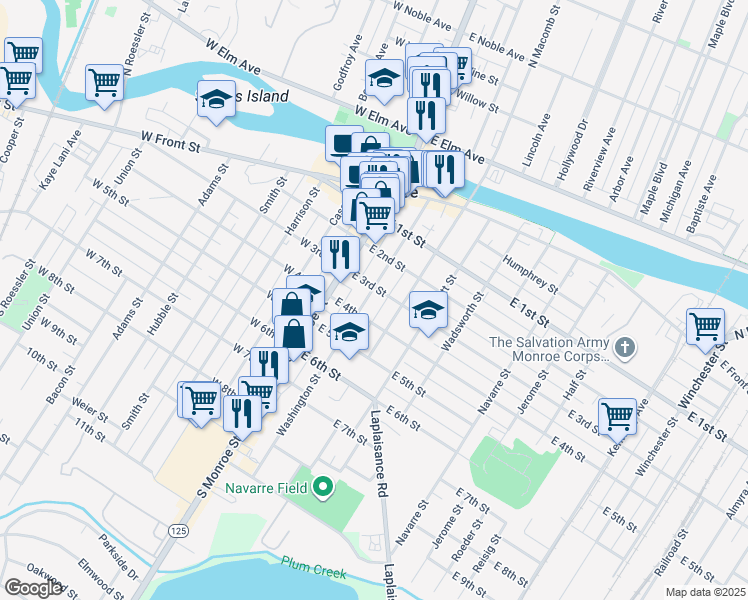 map of restaurants, bars, coffee shops, grocery stores, and more near 311 Washington Street in Monroe