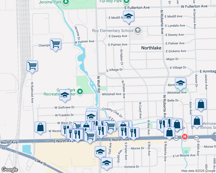 map of restaurants, bars, coffee shops, grocery stores, and more near 4 Bernice Avenue in Northlake