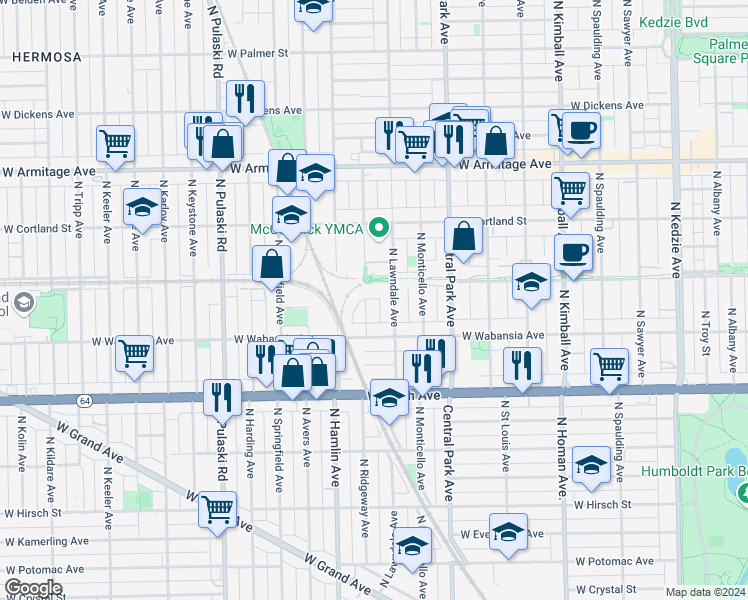 map of restaurants, bars, coffee shops, grocery stores, and more near 1739 North Ridgeway Avenue in Chicago