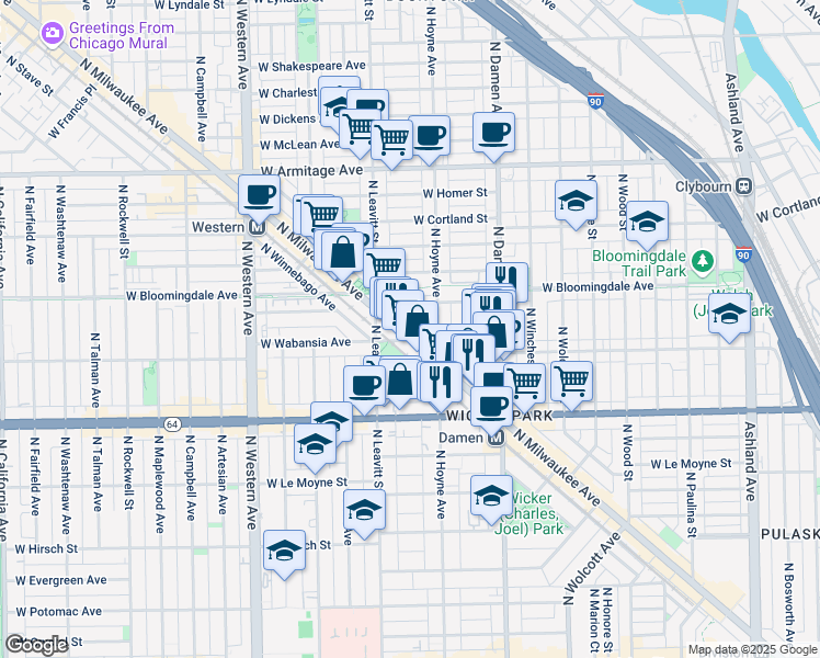 map of restaurants, bars, coffee shops, grocery stores, and more near 1731 N Milwaukee Ave in Chicago