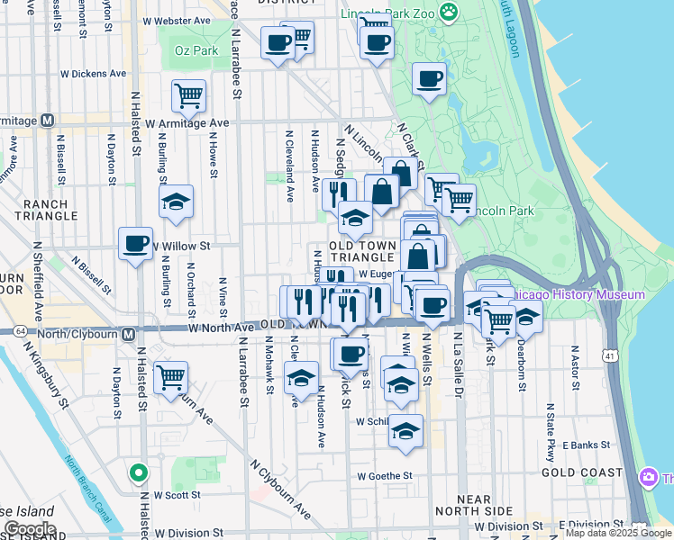 map of restaurants, bars, coffee shops, grocery stores, and more near 1700 North Sedgwick Street in Chicago